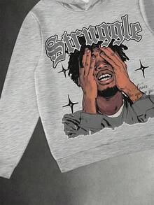 2pcs Men Portrait & Letter Graphic Print Casual Streetwear Hoodie & Sweatpants Set, Fall Men Clothes - Grey - View 3