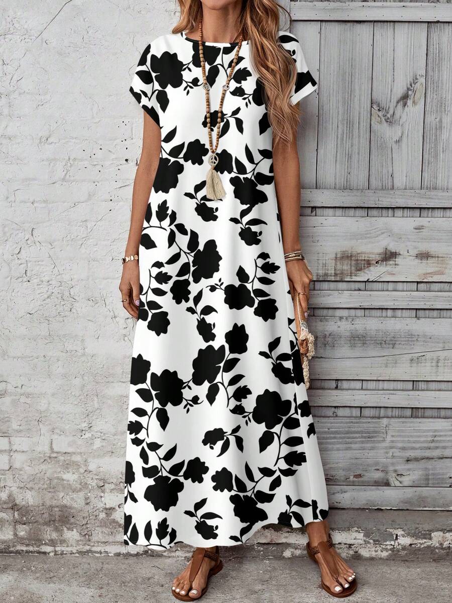 EMERY ROSE 休闲简约黑白碎花图案百搭连衣裙，适合女士，春夏款，休闲百搭 - 彩色 - 查看 1