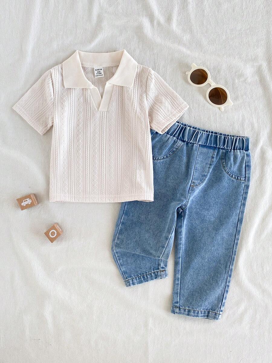 SHEIN Vintaside Kids 1 set Top à manches courtes casual avec col pour tout-petits garçons et pantalon en jean délavé . Convient pour le port quotidien, le camping en famille, les repas ou les sorties shopping - Nude - Voir 1