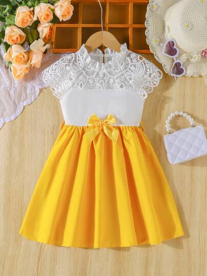 SHEIN Young Girls'  Contrast Lace Shiny Tape Cinching Waist Dress, Suitable For Summer