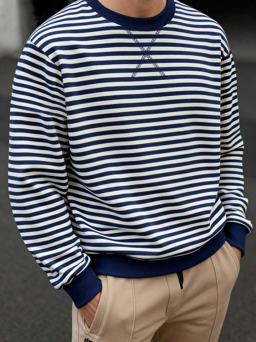 Manfinity Dauomo Men's Blue & White Striped Print Crew Neck Sweatshirt, Autumn/Winter - Multicolor - View 1