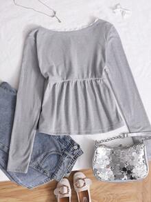 Teen GirlCasual Cute Ruffle Collar Puff Sleeve T-Shirt, Suitable For Female Students Daily Wear - Grey - View 2