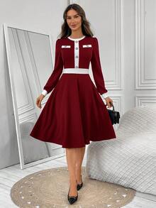 EMERY ROSE Đầm midi dài tay tối giản phối màu tương phản dành cho nữ - Màu Đỏ Sâu - Xem 5