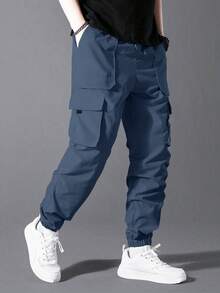 Manfinity Homme Men's Solid Color Slant Pocket Casual Versatile Jogger Pants Men Cargos Blue Cargo Pants Men Men Street Wear Pants - Navy Blue - View 1