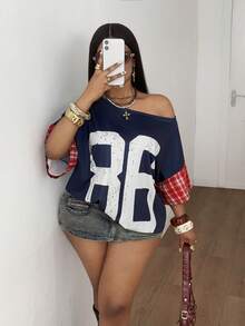 Maweii Plus Size Women Summer Casual Asymmetric Neck Numeric Plaid Print T-Shirt, Suitable For Daily Casual, Party And Gathering - Blue - View 2