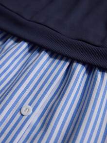 Elnivra Preppy Style Y2K Women's Striped Patchwork Collared Flare Sleeve Casual Shirt With Navy Vest 2 In 1 Design, Spring/Summer - Blue - View 7