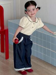 DAZY 女童休闲荷叶边领T恤上衣，夏季 - 白色 - 查看 5