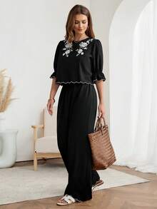 Easowa 2pcs/Set Women's Casual Floral Embroidered Ruffle Sleeve Blouse And Elastic Waist Wide Leg Pants Suit, Elegant Commuter Vacation Outfit, Spring/Summer