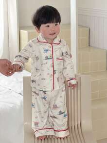 Dazy Kids 2 Stücke Kleinkind Jungen Cartoon Hund Muster Lässiges Süßes Hemd und Hose Pyjama Set - Beige - Übersicht 6