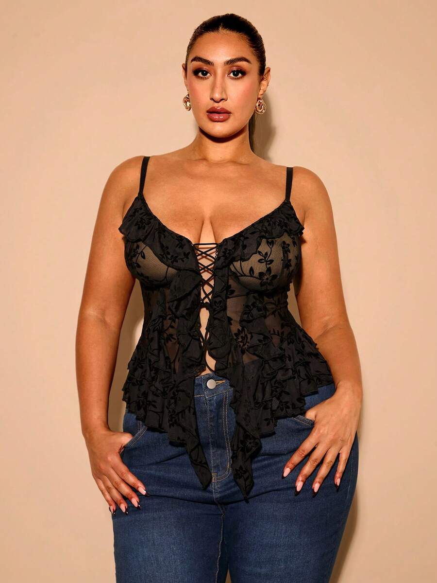 SHEIN BAE Áo hai dây dáng lệch vạt, dây mảnh, dành cho nữ cỡ lớn, thích hợp cho mùa hè, các buổi tiệc thanh lịch, sinh nhật, ngày Valentine. - màu đen - Xem 1