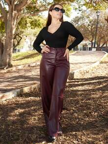 Lupita Cardoza Damen Burgund rote Leder Hose mit Knopfleiste, minimalistisch, Lässig, Alltagskleidung, Damenbekleidung - Bordeaux - Übersicht 6