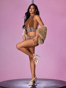 CUCCOO LuxiPop 女士高跟凉鞋，多条交叉绑带，尖头设计，细高跟，防水厚底，优雅马术风格，时尚性感夜店装扮 - 杏色 - 查看 9