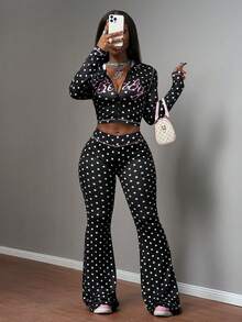 Slaydiva New Spring/Summer Casual Street Style Sexy Slim Fit Black Polka Dot Letter Print Hooded Cardigan Long Sleeve T-Shirt + Flared Pant Women Two Pieces Set.Suitable For Valentine's Day, Dates, Party, Gatherings, Holidays, Vacation,Nomadic Style, Beach, Seaside,Concerts, Everyday Outings, New Year's, Revelry, Brunch Outfits, Hot Girl, Wedding Guest Outfits, Wedding Season,-B Pants Set Two Piece - Multicolor - View 12