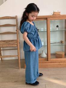 DAZY Young Girls Shirt Set, Sweet Puff Sleeve Drawstring Short Sleeve Top And Flared Straight Leg Pants Set Summer - Blue - View 4
