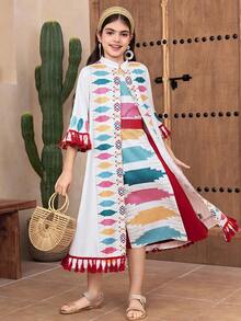 Bộ 2 món cho bé gái tuổi teen, kiểu dáng thường ngày, gồm áo khoác và váy chữ A in họa tiết patchwork tua rua, màu đỏ tía và be. - Màu Đỏ Sâu - Xem 2