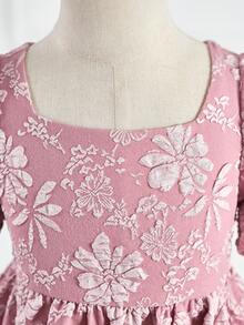 小女孩可爱优雅公主裙，粉色提花泡泡袖派对礼服，甜美迷你正式礼服