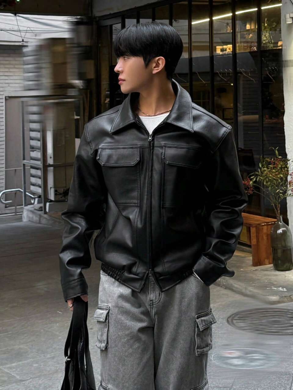 Men's Solid Black Short PU Leather Jacket, Spring/Autumn