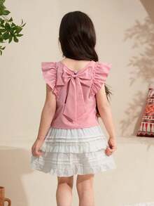 Elladie kids 少女圆领休闲可爱日常上衣，后背饰有蝴蝶结，荷叶袖 - 粉色 - 查看 6