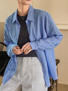 Dazy-Less Women's Casual Commuter Striped Print Button-Up Shirt Business Casual Woman - Blue - View 4