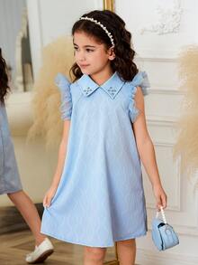 Young Girls' Elegant Vintage Style Dress, Made Of Soft Wavy Textured Fabric In Light Colors, Featuring A Collared Neckline With Delicate Trim Accents, Short Sleeves With Fluffy White Decor, Relaxed Fit Design For Comfortable Everyday Wear, Suitable For Family Gatherings, Children's Tea Parties Or Casual Outings, Medium-Weight Fabric For Spring/Summer - White - View 8