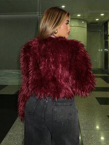 Maria Perezxox 女士时尚性感短款仿皮草大衣，秋冬新品 - 酒紅色 - 查看 2