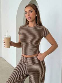 Aloruh Women's Casual Homewear Pajama Set, Includes Striped Crew Neck And Loose Striped Straight Leg Pants,  Back To School Clothes Brown Striped Two Pieces Set,Casual Sets For Women ,Casual Outfit For Women - Multicolor - View 6