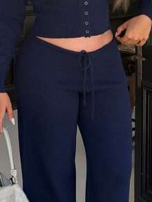 Maria Perezxox 低腰抽绳罗纹针织阔腿休闲裤，适合机场、假日、度假、夏季、海滩、秋季、冬季、日常、圣诞节、工作、办公室、感恩节等场合，时尚百搭。 - 藏蓝色 - 查看 6