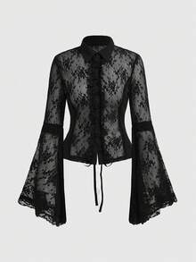 ROMWE Gothic Lace Backless Blouse For Women - Black - View 1