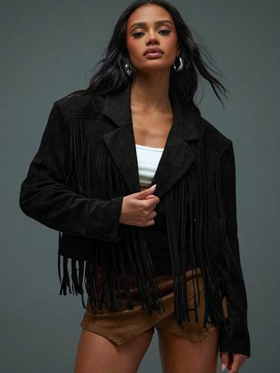 Hauture Women's Sexy Boho Faux Suede Dark Chocolate With Fringe Bold Shoulder Jacket