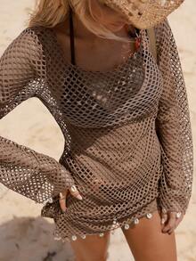 Swim Vcay Đầm khoác ngoài nữ màu cà phê, họa tiết lưới rỗng. - Cà phê nâu - Xem 3