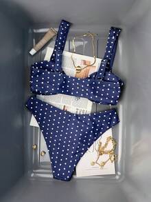 Bonvoyette Bộ 2 món bikini chấm bi đen trắng dáng cạp cao, đồ bơi đi biển cho nữ, bộ bikini màu xanh navy có đệm nâng ngực, bikini chấm bi, bikini họa tiết ngôi sao, đồ bơi chấm bi. - Màu xanh hải quân - Xem 3