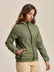 Exploreva Chaqueta casual suelta con capucha, manga larga y cremallera para mujer para uso al aire libre - Verde Oliva - Ver 5