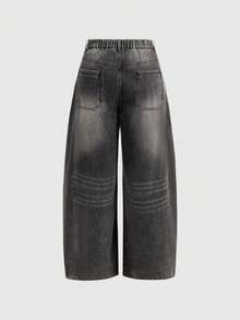 ROMWE Grunge Punk Jeans de pierna ancha con diseño de remaches vintage lavados para tallas grandes - Gris Oscuro - Ver 2