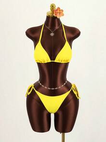 Zestiva 三件套女士泳衣套装，纯色比基尼搭配网纱印花罩衫，适合海滩、泳池、休闲派对、度假、春夏穿着。 - 黃色 - 查看 5