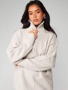 MISSGUIDED Conjunto coordenado de suéter de malha grande com blusa de gola alta e calças largas para mulheres, outono e inverno - Creme - Ver 5