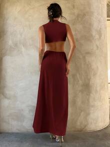 Aloruh Minimalist Commuter Chic Wedding Season Sexy Extra Long Dress,Summer Dresses For Women - Burgundy - View 2
