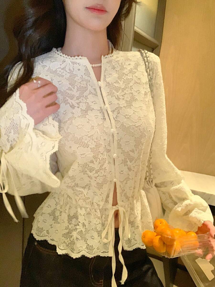 DAZY Women's Solid Color Lace Fitted Drawstring Hem Ruffle Tie Elegant Vacation Blouse, Spring/Autumn - Beige - View 1
