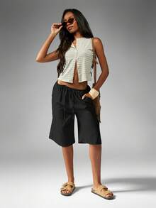 MISSGUIDED 亚麻质感长款百慕大短裤，抽绳腰带设计，侧边口袋，夏季穿着舒适。 - 黑色 - 查看 3