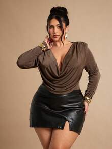 SHEIN BAE 大码女式纯色优雅深V领长袖连体衣 - 棕色 - 查看 5