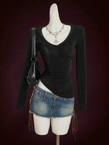 SHEIN ICON 复古休闲网眼透明露背水钻装饰深 V 领女式长袖 T 恤 - 黑色 - 查看 3