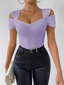 RosyDaze Women's Sexy Off-Shoulder Fitted T-Shirt, Summer - Purple - View 4