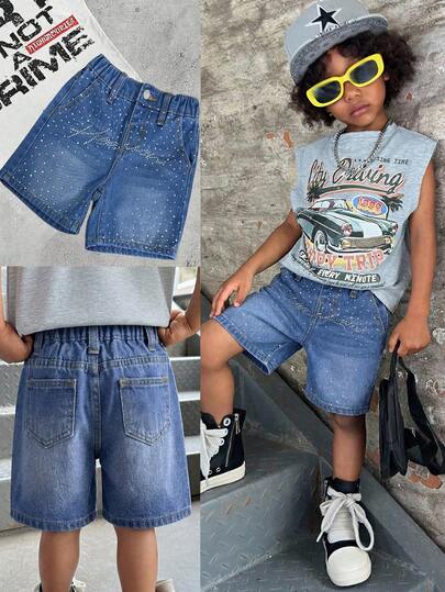 SHEIN Young BoyGlitter Letter Rhinestone Decor Black Denim Loose Shorts