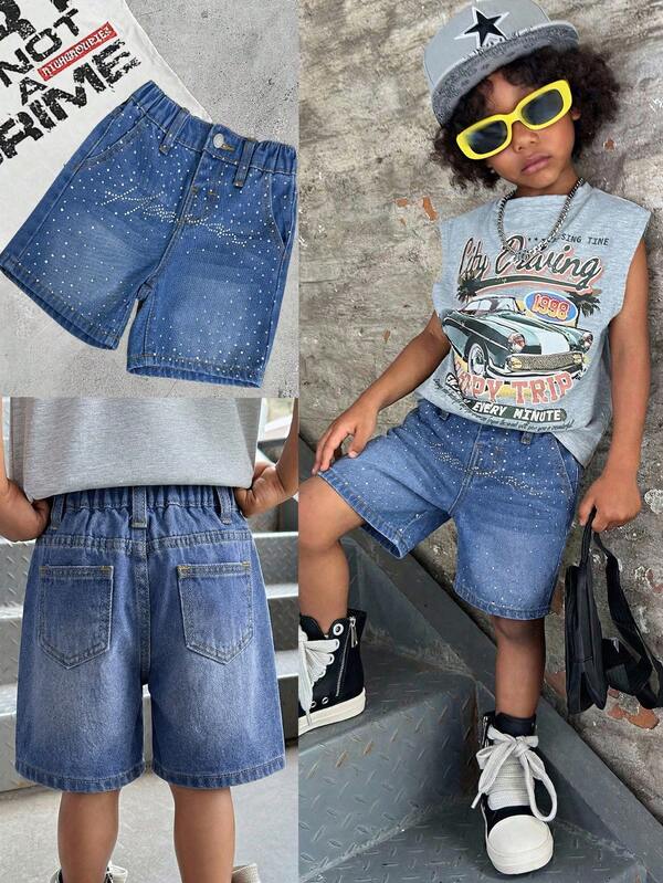 SHEIN Young BoyGlitter Letter Rhinestone Decor Black Denim Loose Shorts