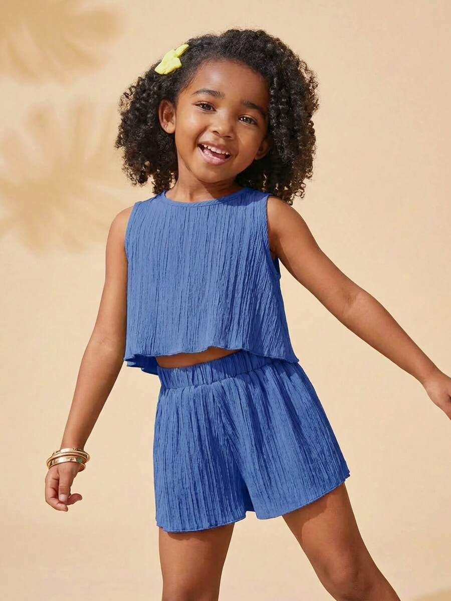 Travachic KIDS Travachic KIDS 2 件装少女纯色圆领背心和宽松短裤套装 - 藍色 - 查看 1