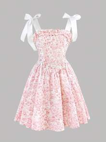 SHEIN Vestido de tirantes con estampado de mariposa, elegante y dulce, para niña preadolescente - Rosa Fucsia - Ver 3