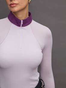 Activina Women's Contrast Zipper Half-Placket Stand Collar Long Sleeve Equestrian Top - Mauve Purple - View 6
