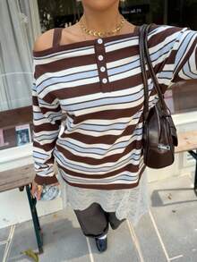 Muchica Striped Pattern Casual Off Shoulder Long Sleeve Women Sweater Stripe Top Striped Long Sleeve - Multicolor - View 5