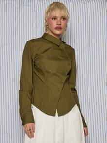 COUREZ 短袖不对称修身条纹衬衫 / Y2K 秋冬外出穿搭 女装 冬季女装 夜店装 性感外出上衣 休闲优雅新年装 - 軍綠色 - 查看 6