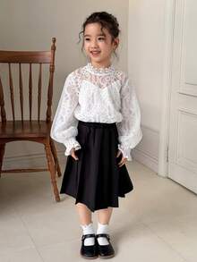 DAZY 女童蕾丝拼接长袖衬衫 - 白色 - 查看 7