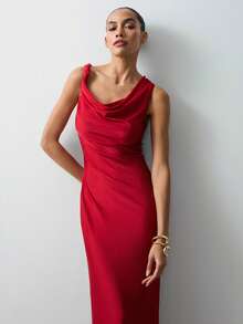 Maija 女士纯色垂褶修身优雅无袖连衣裙 - 紅色 - 查看 5